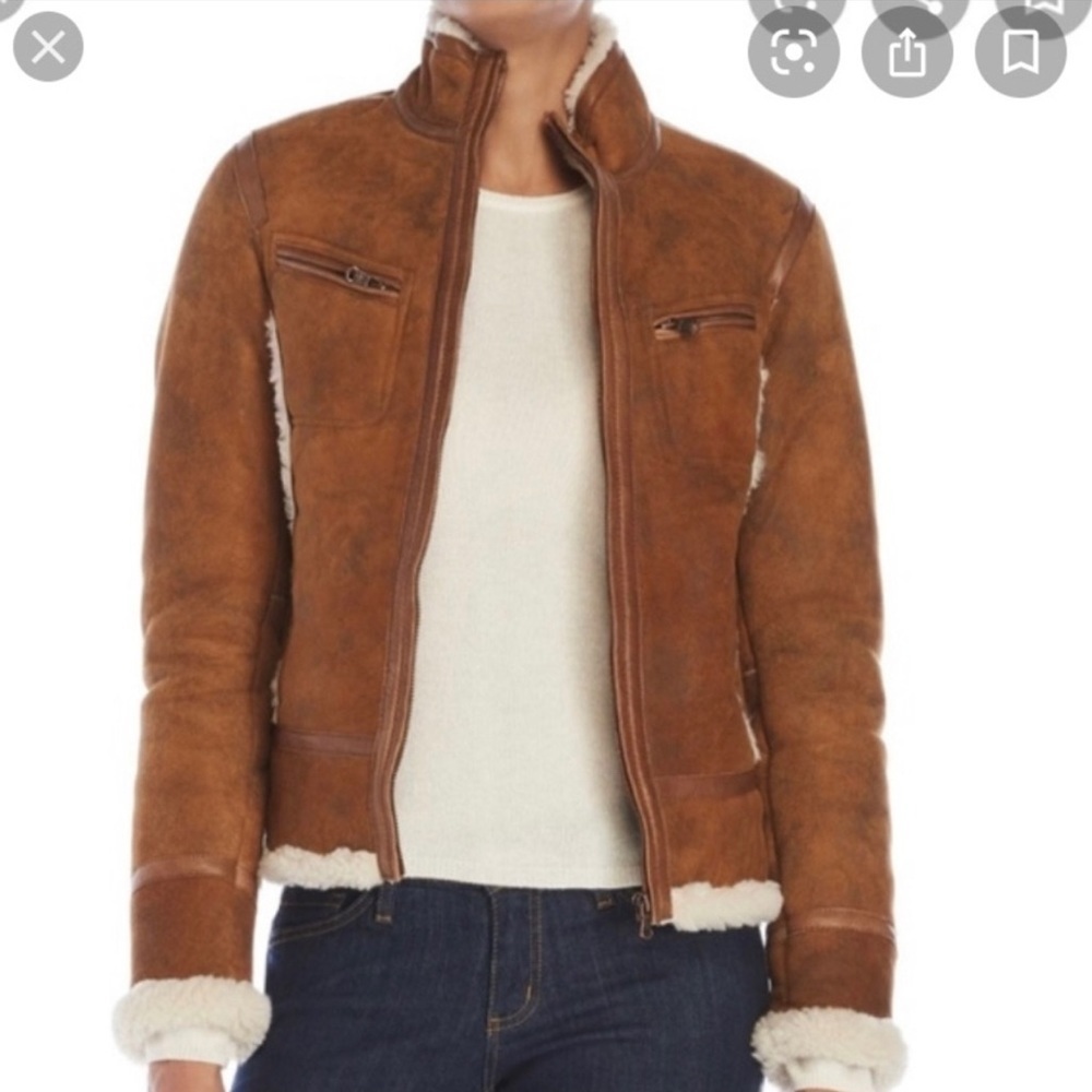 Comstock & co. Women’s hazelnut Leather Sherling Fur Moto Bomber Jacket size 0